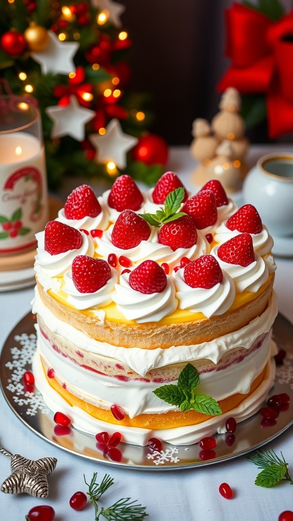 A Christmas tres leches cake topped with whipped cream, strawberries, and pomegranate seeds on a festive table.